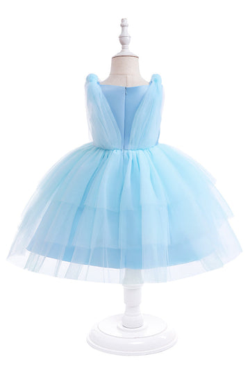 Robe de soirée de fille en tulle bleu avec nœuds